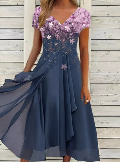 Damen Chiffon A-Linienkleid mit Blumenmuster und V-Ausschnitt – Elegantes Sommerkleid für besondere Anlässe
