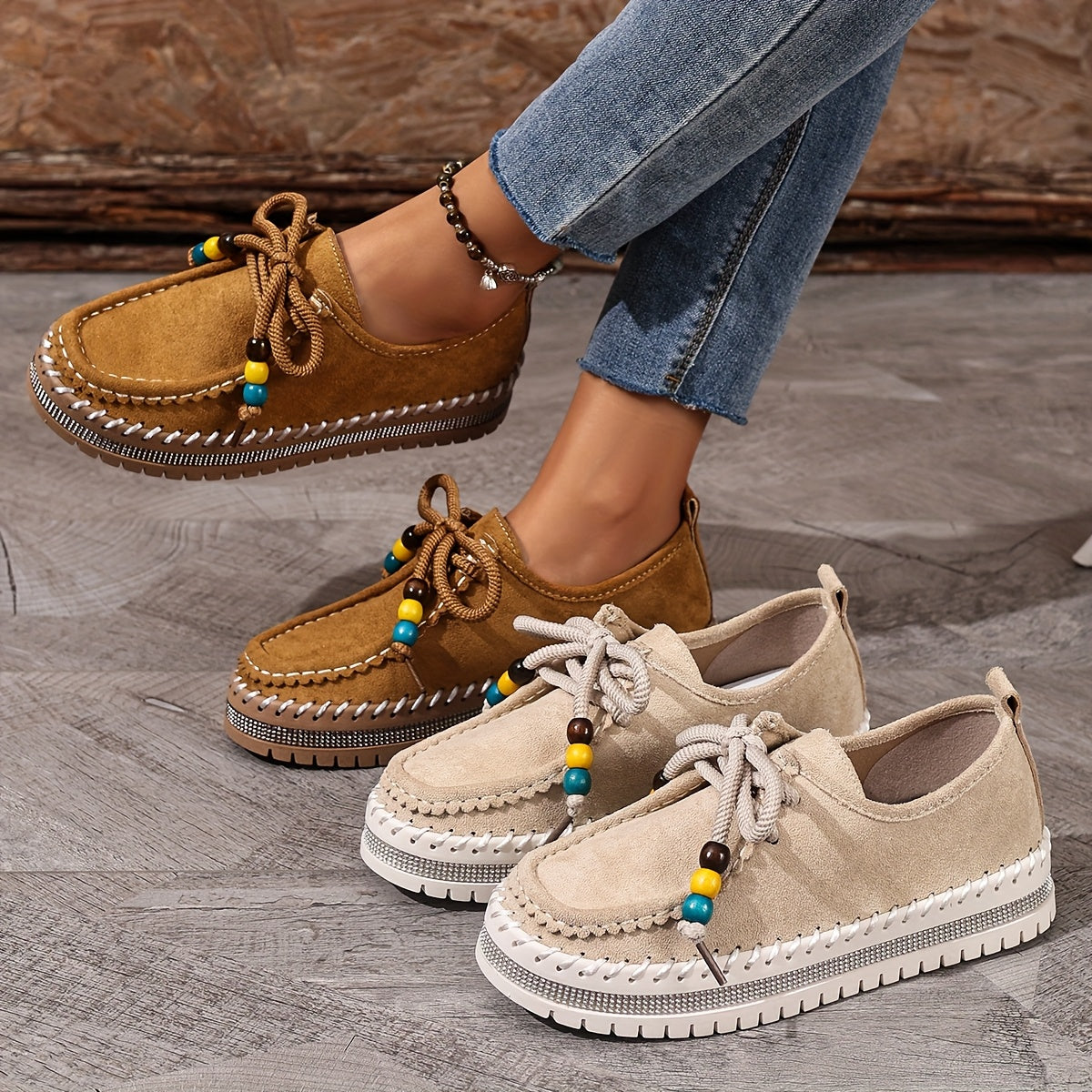 Damen Vintage Perlen Schnür Schuhe