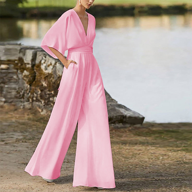 Eleganter Damen-Jumpsuit mit weitem Bein, V-Ausschnitt und halblangen Ärmeln