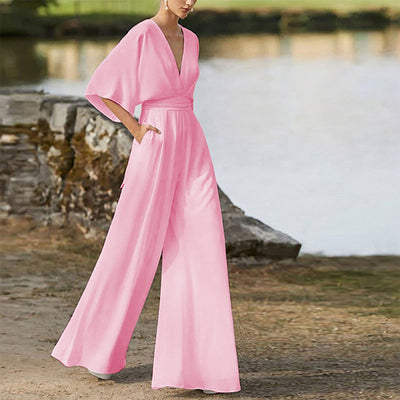 Eleganter Damen-Jumpsuit mit weitem Bein, V-Ausschnitt und halblangen Ärmeln