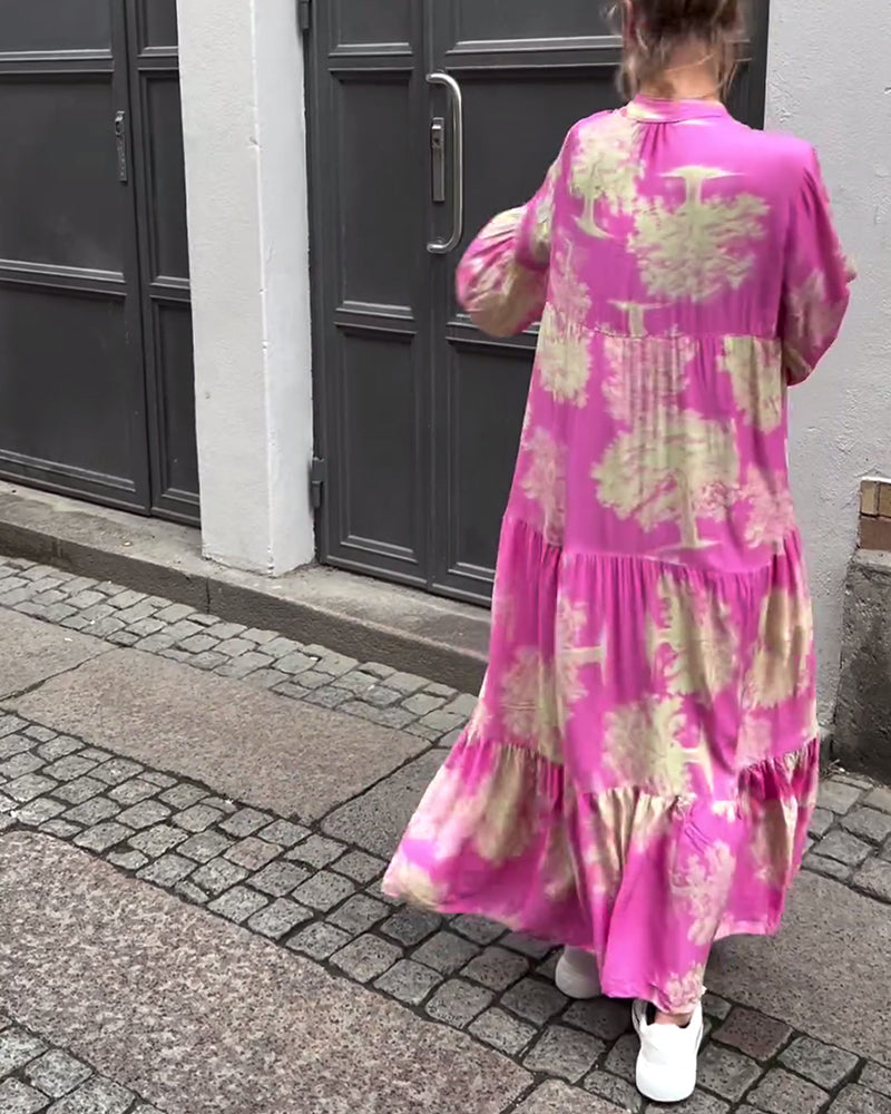 Maxikleid mit Print, Volantärmeln & Stehkragen – Stilvoll & Luftig