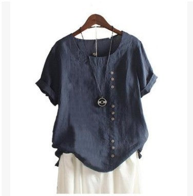 Damen Leinen Baumwoll Kurzarm T-Shirt mit Asymmetrischer Knopfleiste, Lockerer Vintage-Stil, Sommer Bluse