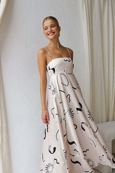 Jade – Bedrucktes Trägerkleid ohne Rücken mit Sommermotiven