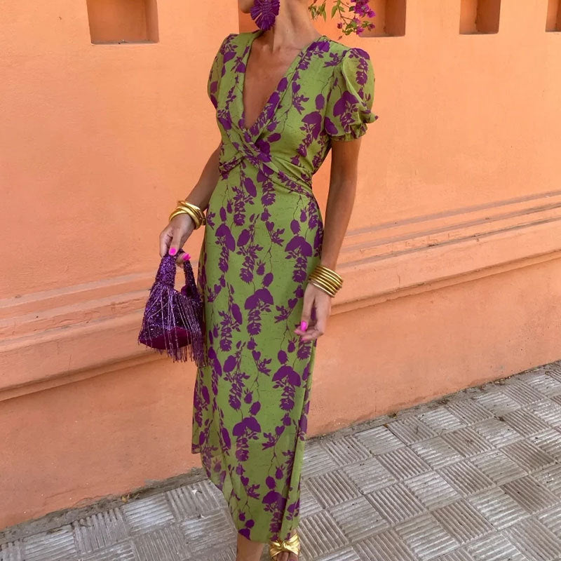 Betty – Langes elegantes Slim V-Ausschnitt Kleid mit Farbkontrast und kurzen Ärmeln