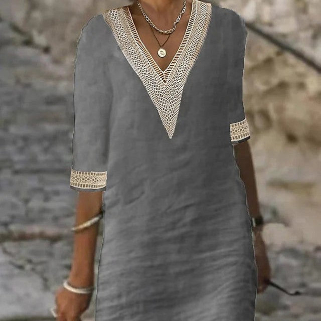 Rose – Schlichtes V-Ausschnitt Kleid mit mittellangen Ärmeln aus Baumwolle-Leinen