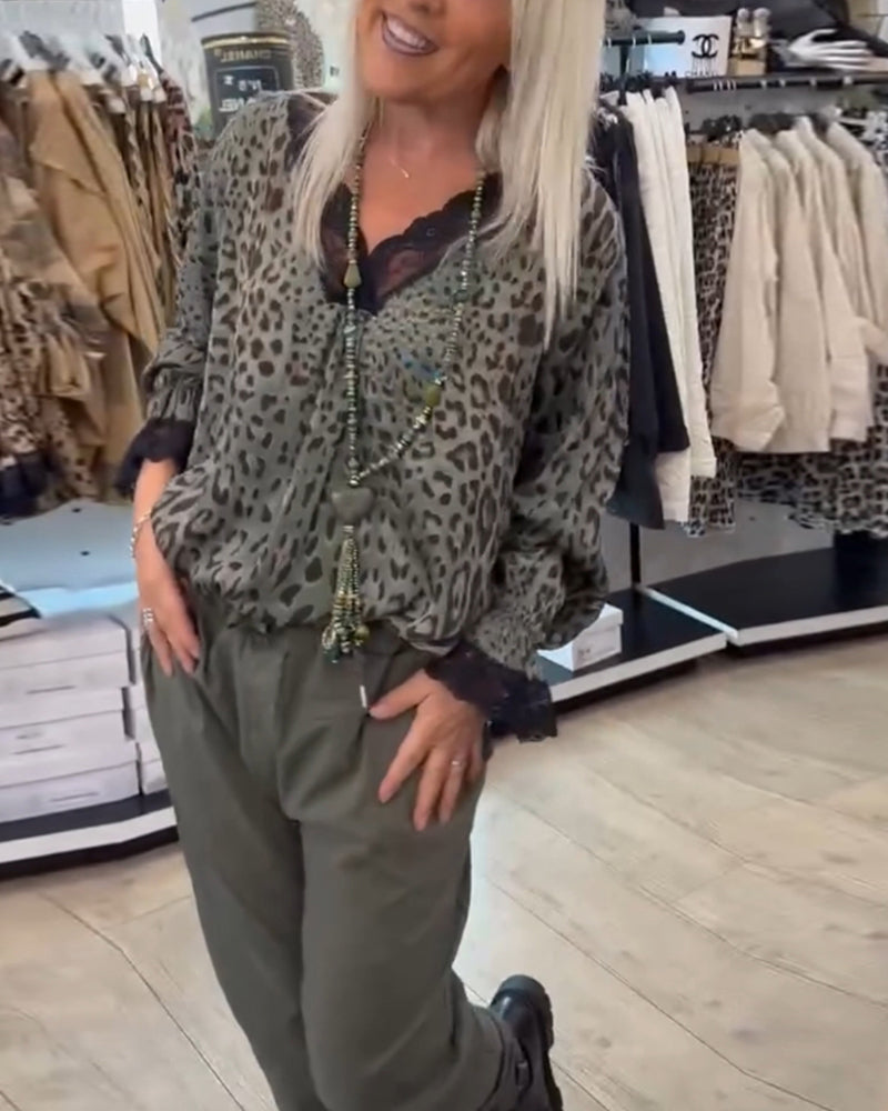 Stylische Bluse mit Leopardenmuster V-Ausschnitt und Patchwork-Spitze für Damen