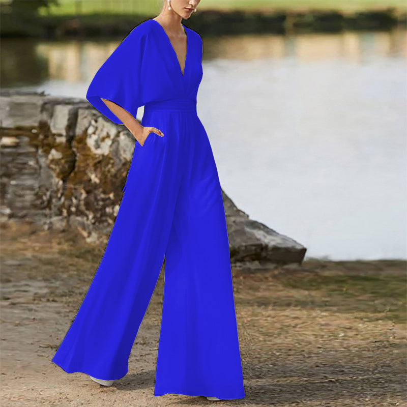 Eleganter Damen-Jumpsuit mit weitem Bein, V-Ausschnitt und halblangen Ärmeln
