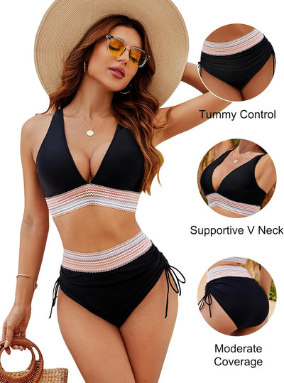 Zweiteiliges Damen-Bikini-Set mit Häkelstreifen – Hoher Bund & Halterneck