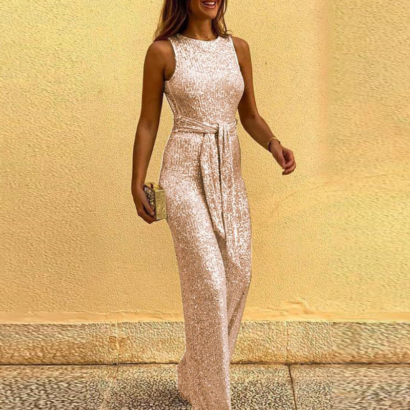 Damen Eleganter Pailletten Jumpsuit für Abendveranstaltungen und Partys – Figurbetonte Silhouette, Rückenausschnitt