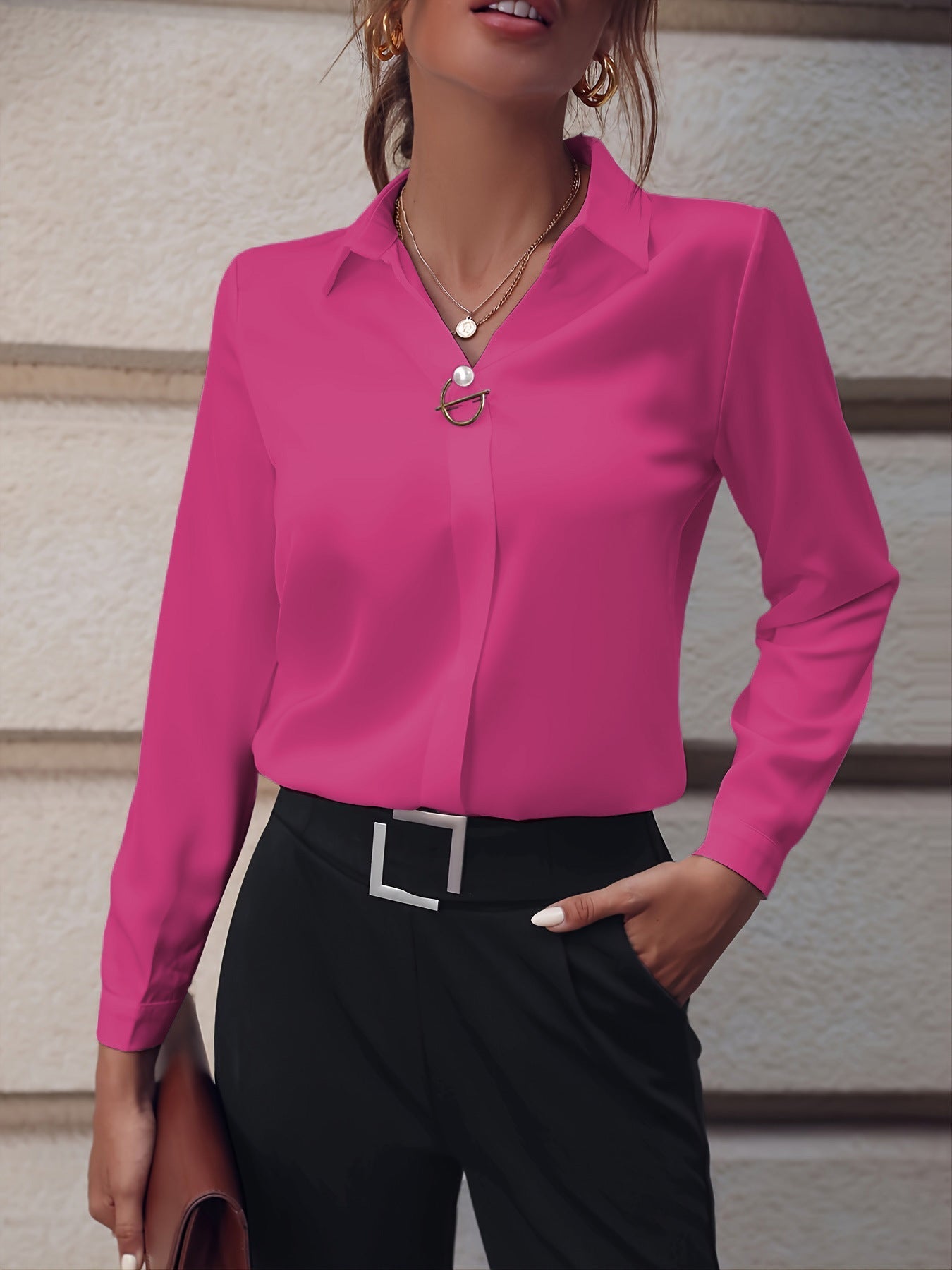 Damen Elegante Bluse mit Metall-Dekor – Business & Freizeit, Langarm, Slim Fit