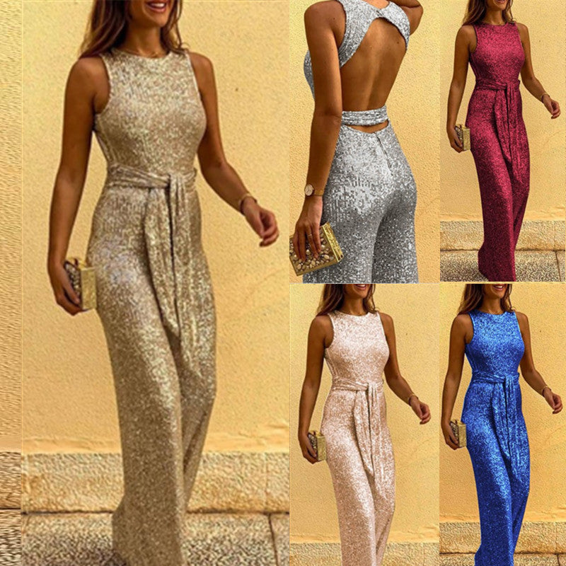 Damen Eleganter Pailletten Jumpsuit für Abendveranstaltungen und Partys – Figurbetonte Silhouette, Rückenausschnitt