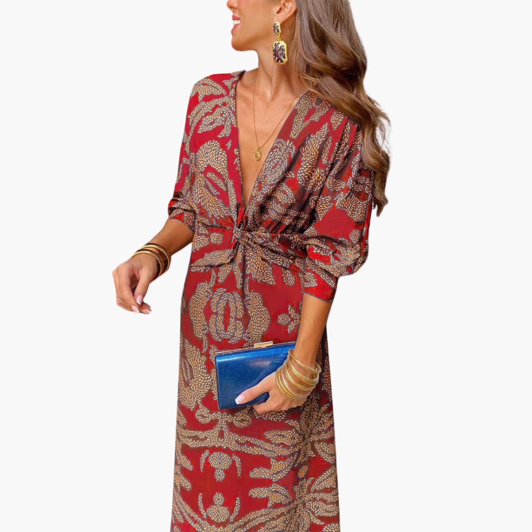 Midikleid für Damen - Blumenmuster, Langarm & V-Ausschnitt