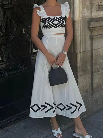 Joan – Geometrisch bedrucktes hoch tailliertes Trägerkleid mit fliegenden Ärmeln im Zweiteiler-Set