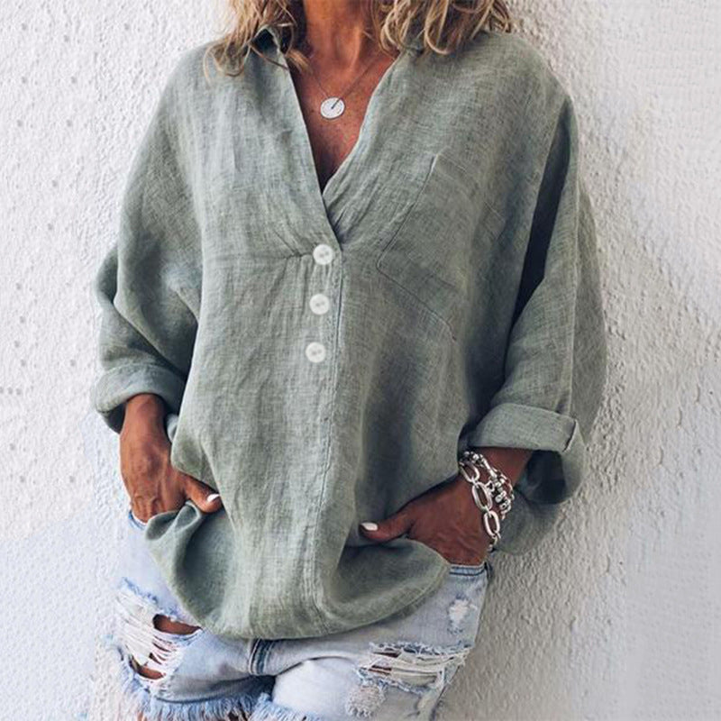 Damen Leinenbluse im Oversized-Look mit V-Ausschnitt und Knopfleiste – Luftiges Langarmshirt in großen Größen