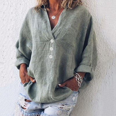 Damen Leinenbluse im Oversized-Look mit V-Ausschnitt und Knopfleiste – Luftiges Langarmshirt in großen Größen