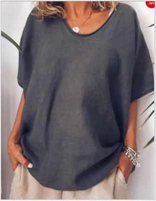 Damen Lockeres Kurzarm Leinen T-Shirt – Sommer Freizeit Bluse im Oversize Look