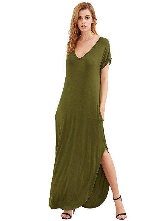 Sarah – V-Ausschnitt Kurzarm Strandkleid mit seitlichem Schlitz