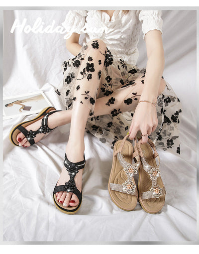 Esme – Boho-Stil Flache Blumen-Strasssandalen