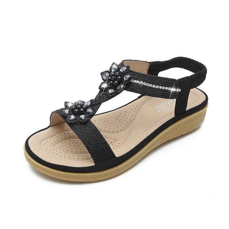 Esme – Boho-Stil Flache Blumen-Strasssandalen