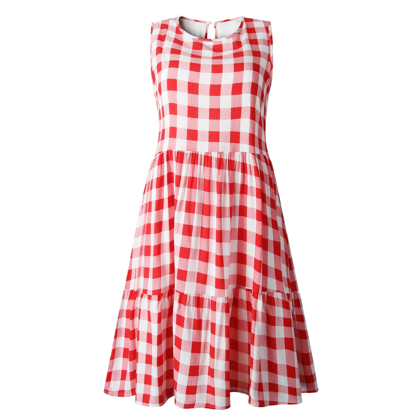 Ruby – Kurzes, ärmelloses A-Linien-Kleid mit lockerer Taille in Schwarz mit Karomuster