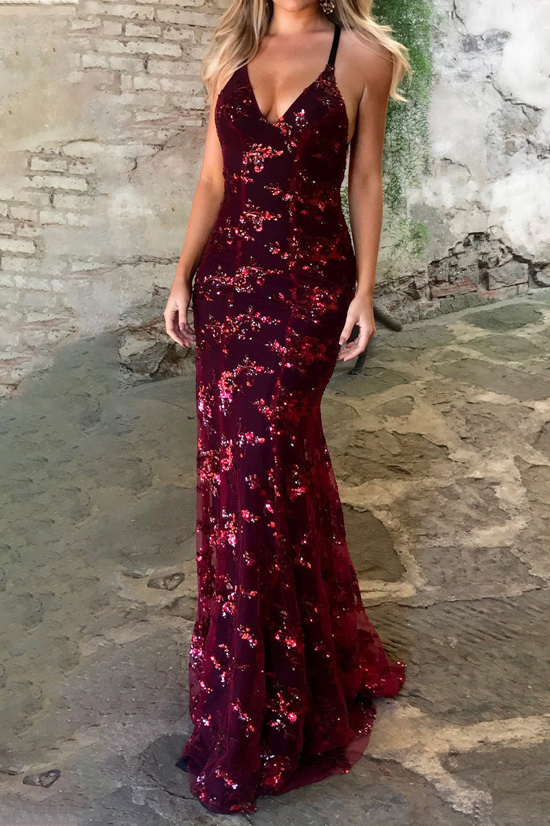 Heidi-Mode | Prominente Elegante Schlichte Pailletten Frenulum V-Ausschnitt Abendkleid Kleider- 4 Farben