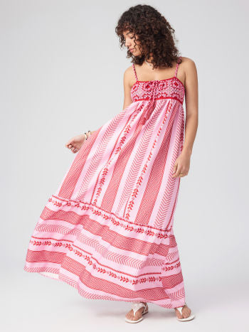 Maxikleid mit Ethno-Muster, Trägern und Schlitz für Damen