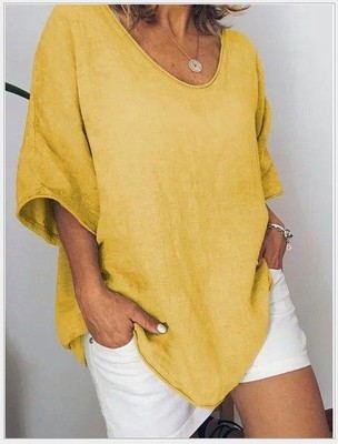 Damen Lockeres Kurzarm Leinen T-Shirt – Sommer Freizeit Bluse im Oversize Look