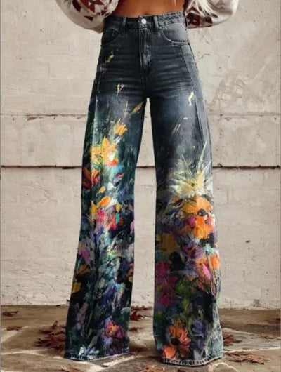 Damen Weite Jeans mit Boho-Print und künstlerischem Muster – Streetstyle & Festival Mode