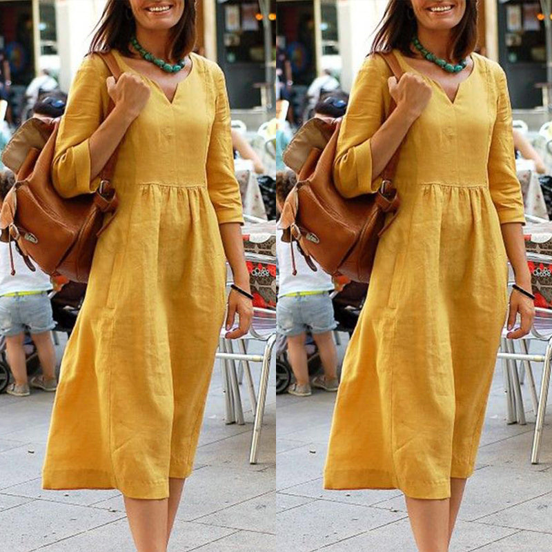 Damen Leinenkleid mit 3/4-Ärmeln – Lockeres Boho Midikleid für Alltag und Urlaub