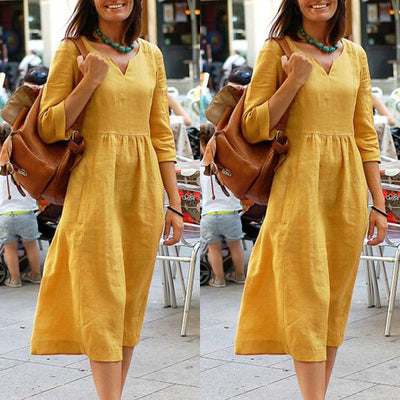 Damen Leinenkleid mit 3/4-Ärmeln – Lockeres Boho Midikleid für Alltag und Urlaub