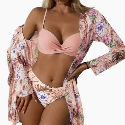 3-teiliges Damen-Bikini-Set - mit Kimono und High-Waist-Hose