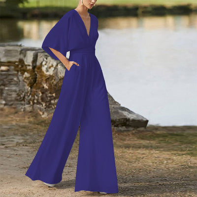Eleganter Damen-Jumpsuit mit weitem Bein, V-Ausschnitt und halblangen Ärmeln