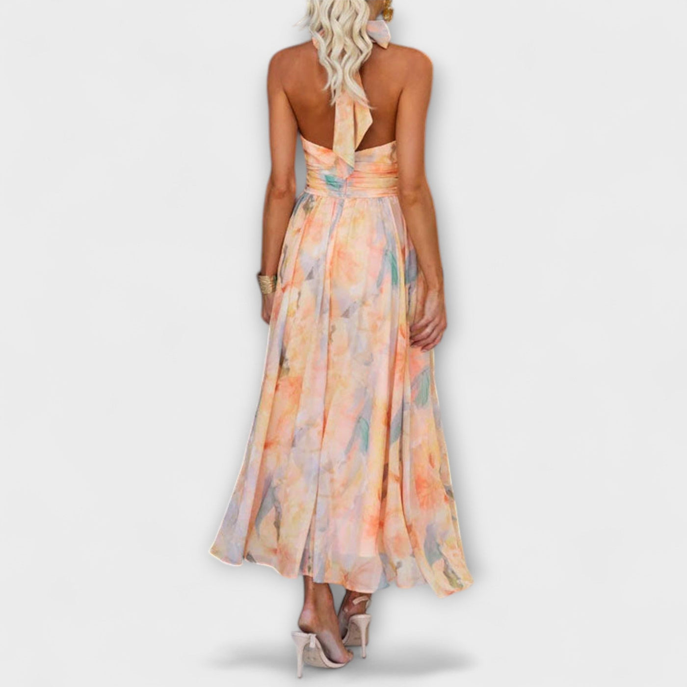 Halter Neck Aquarell Print Maxi Dress