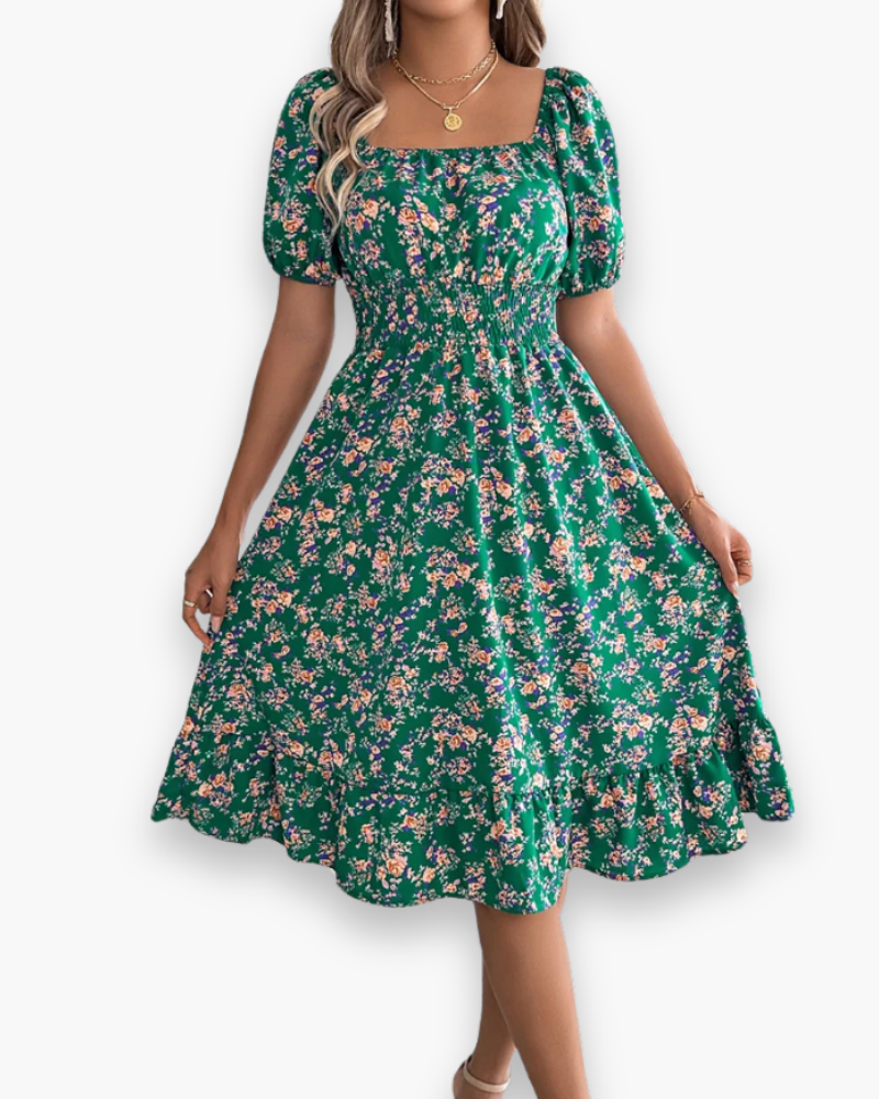 Damen Romantisches Shirred Midi Kleid | Blumenmuster