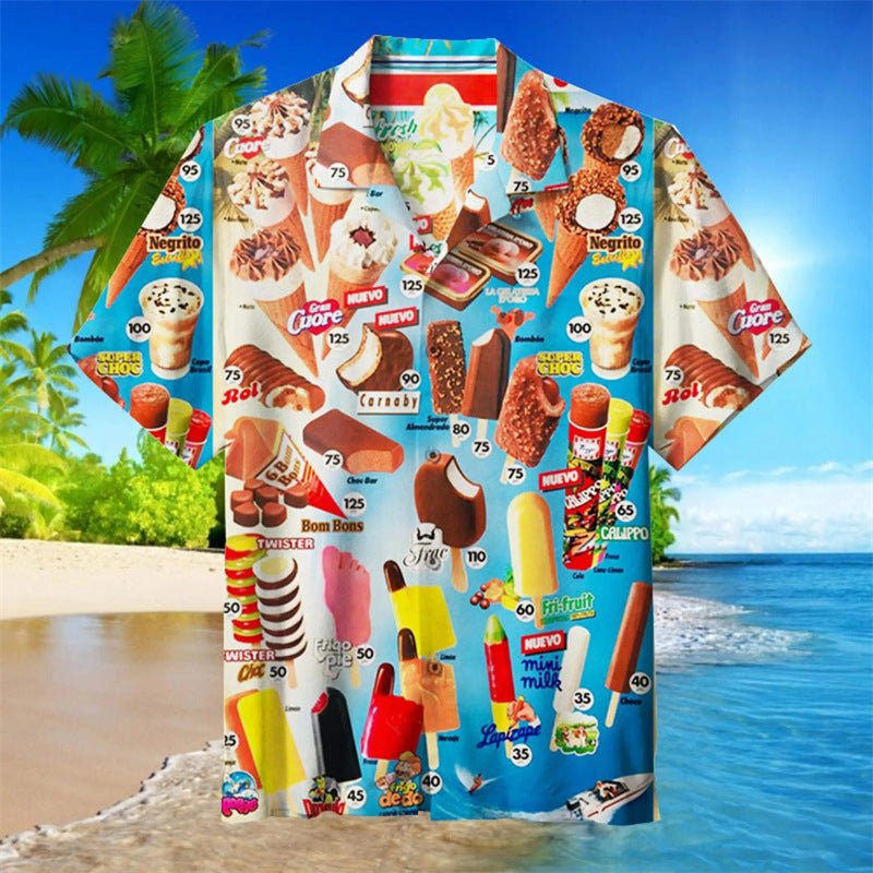 Herren Hawaiihemd mit Eiscreme-Motiv – Buntes Retro Sommer Freizeit Party Shirt