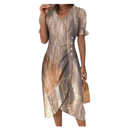 Ruby – V-Ausschnitt Kleid mit floralem Saum und unregelmäßigem Muster