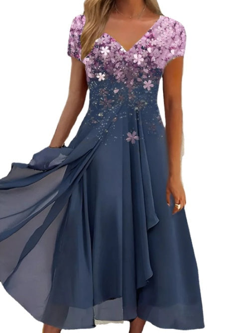 Damen Chiffon A-Linienkleid mit Blumenmuster und V-Ausschnitt – Elegantes Sommerkleid für besondere Anlässe