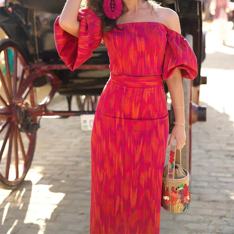 Shannon – Elegantes Bandeau-Ein-Schulter Puffärmel Top mit Midikleid-Set