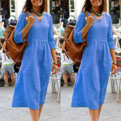 Damen Leinenkleid mit 3/4-Ärmeln – Lockeres Boho Midikleid für Alltag und Urlaub