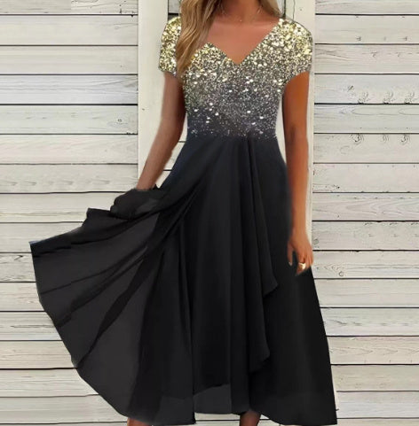 Damen Chiffon A-Linienkleid mit Blumenmuster und V-Ausschnitt – Elegantes Sommerkleid für besondere Anlässe