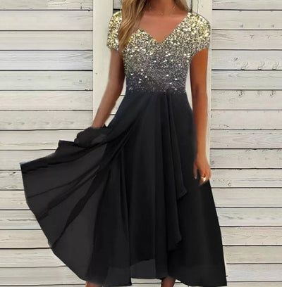 Damen Chiffon A-Linienkleid mit Blumenmuster und V-Ausschnitt – Elegantes Sommerkleid für besondere Anlässe