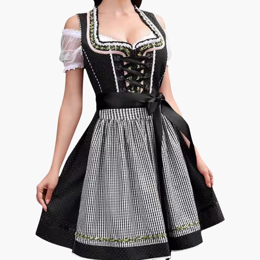 Oktoberfest Dirndl 2025 mit Spitzenbesatz und Karoschürze für Damen