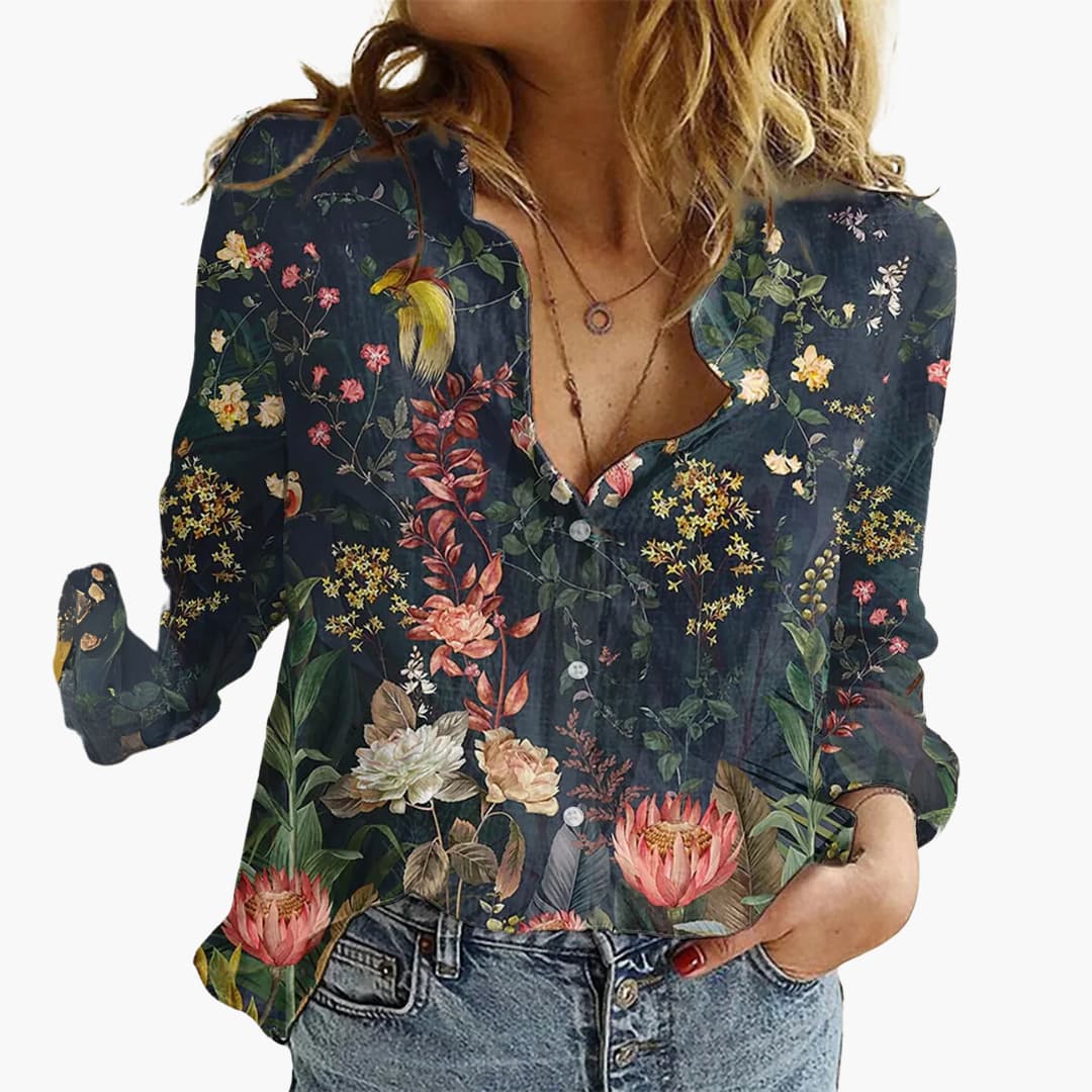 Kunstvoll bedruckte V-Ausschnitt Bluse - Damen Freizeitlook