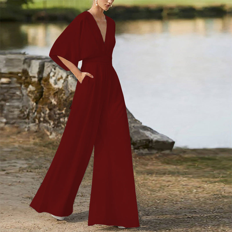 Eleganter Damen-Jumpsuit mit weitem Bein, V-Ausschnitt und halblangen Ärmeln