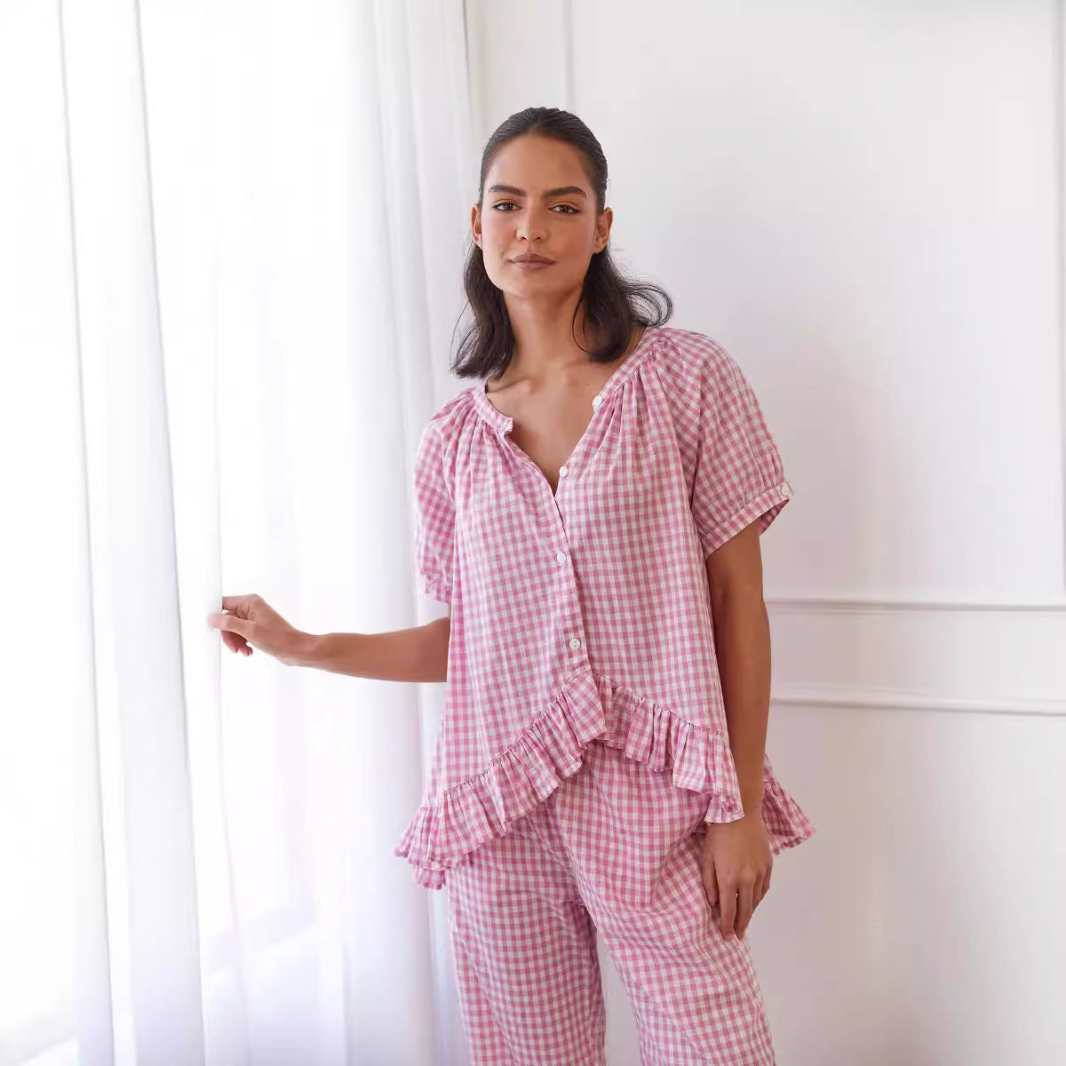 Jean – Bequemer und lässiger rüschierter Button-Top-Hosenanzug