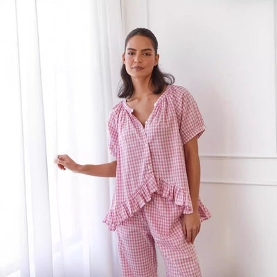 Jean – Bequemer und lässiger rüschierter Button-Top-Hosenanzug