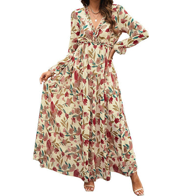 Damen Maxikleid im Boho-Stil – Florales Muster, V-Ausschnitt, Lange Ärmel, Luftiges Chiffon-Design