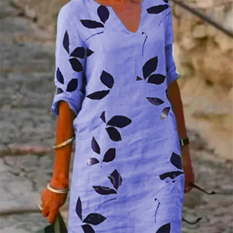 Damen Freizeitkleid mit Blattmuster – Modisches Sommerkleid für Alltag und Urlaub