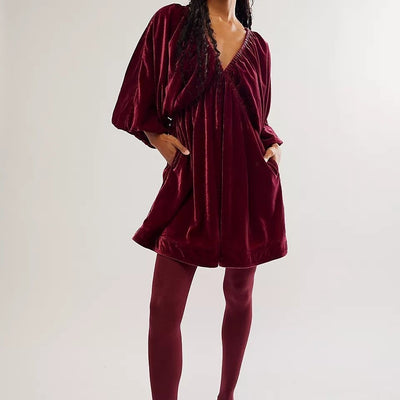 Nicole – Bequemes und lässiges Gold-Velours V-Ausschnitt Kleid