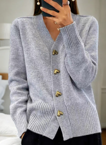 Lucy – V-Ausschnitt Strickpullover mit Liebe-Button, modischer, einfarbiger, langärmeliger Cardigan für den Frühling und Herbst